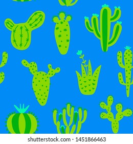Cartoon cactuses seamless pattern. Colorful mexican texture with different cute cacti. Cyan colour floral print. Childish design, vector illustration print on multicolored background.
