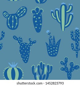 Cartoon cactuses seamless pattern. Colorful mexican texture with different cute cacti. Blue colour floral print. Childish design, vector illustration print on multicolored background.