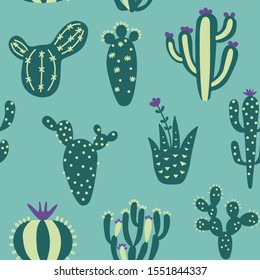 Cartoon cactuses seamless pattern. Colorful mexican texture with different cute cacti. Blue and green colors floral print. Childish design, vector illustration print on multicolored background.