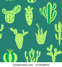 Cartoon cactuses seamless pattern. Colorful mexican texture with different cute cacti. Green colour floral print. Childish design, vector illustration print on multicolored background.