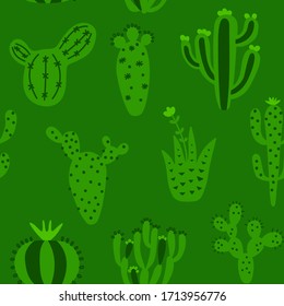 Los cactus de dibujos animados utilizan un patrón transparente. Colorida textura mexicana con diferentes cactus bonitos. Impresión floral de color verde. Diseño infantil, ilustración vectorial impresa en fondo multicolor.