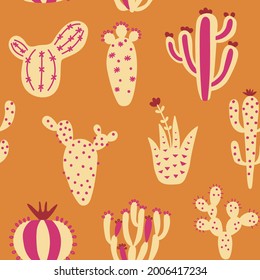 Cartoon cactuses seamless pattern. Colorful mexican texture with different cute cacti. Colour orange floral print. Childish design, vector illustration print on multicolored background.