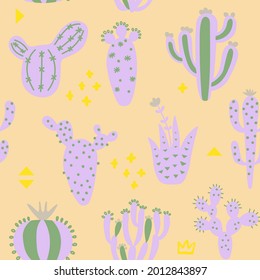 Cartoon cactuses seamless pattern. Colorful mexican texture with different cute cacti. Colour orange floral print. Childish design, vector illustration print on multicolored background.