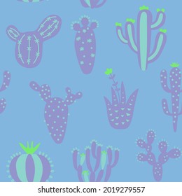 Cartoon cactuses seamless pattern. Colorful mexican texture with different cute cacti. Pastel colours floral print. Childish design, vector illustration print on multicolored background.