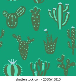 Cartoon cactuses seamless pattern. Colorful mexican texture with different cute cacti. Green colour floral print. Childish design, vector illustration print on multicolored background.