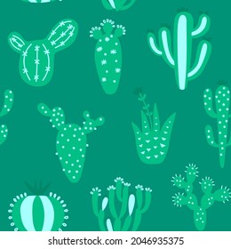 Cartoon kakteen nahtlos Muster. Farbige mexikanische Textur mit verschiedenen süßen Kakteen. Grüner Blumendruck. Kinderdesign, Vektorgrafik-Druck auf mehrfarbigem Hintergrund.