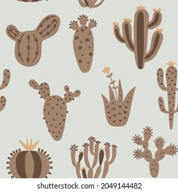 Cartoon cactuses seamless pattern. Colorful mexican texture with different cute cacti. Pastel colours floral print. Childish design, vector illustration print on multicolored background.