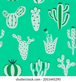 Cartoon cactuses seamless pattern. Colorful mexican texture with different cute cacti. Green colour floral print. Childish design, vector illustration print on multicolored background.