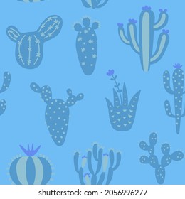 Los dibujos animados utilizan un patrón impecable. Colorida textura mexicana con diferentes cactus bonitos. Colores pasteles de impresión floral. Diseño infantil, ilustración vectorial impresa en fondo multicolor.