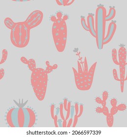 Cartoon cactuses seamless pattern. Colorful mexican texture with different cute cacti. Pink colour floral print. Childish design, vector illustration print on multicolored background.