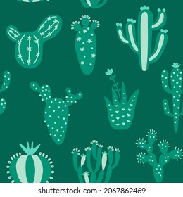 Cartoon cactuses seamless pattern. Colorful mexican texture with different cute cacti. Green colour floral print. Childish design, vector illustration print on multicolored background.