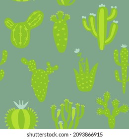 Cartoon cactuses seamless pattern. Colorful mexican texture with different cute cacti. Green colour floral print. Childish design, vector illustration print on multicolored background.
