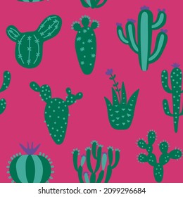 Cartoon cactuses seamless pattern. Colorful mexican texture with different cute cacti. Pink colour floral print. Childish design, vector illustration print on multicolored background.