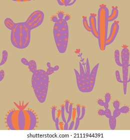 Cartoon cactuses seamless pattern. Colorful mexican texture with different cute cacti. Purple color floral print. Childish design, vector illustration print on multicolored background.