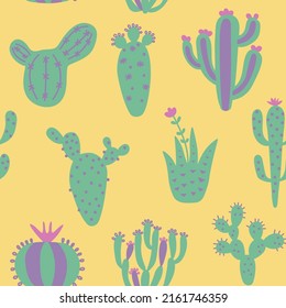 Cartoon cactuses seamless pattern. Colorful mexican texture with different cute cacti. Yellow color floral print. Childish design, vector illustration print on multicolored background.