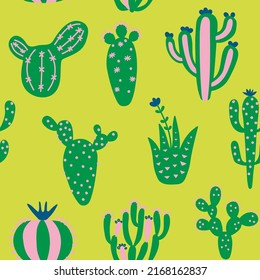 Cartoon cactuses seamless pattern. Colorful mexican texture with different cute cacti. Yellow color floral print. Childish design, vector illustration print on multicolored background.