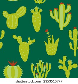 Cartoon cactuses seamless pattern. Colorful mexican texture with different cute cacti. Green colour floral print. Childish design, vector illustration print on multicolored background.