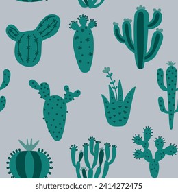 Cartoon cactuses seamless pattern. Colorful mexican texture with different cute cacti. Green colour floral print. Childish design, vector illustration print on multicolored background.