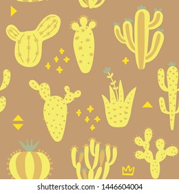 Cartoon cactuses seamless pattern. Mexican texture with different cute cacti and memphis. Brown and yellow color floral print. Childish design, vector illustration on multicolored background.