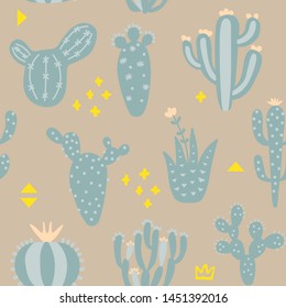 Cartoon cactuses seamless pattern. Mexican texture with different cute cacti and memphis. Beige color floral print. Childish design, vector illustration on multicolored background.