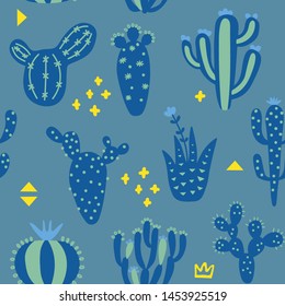 Cartoon cactuses seamless pattern. Mexican texture with different cute cacti and memphis. Blue colour floral print. Childish design, vector illustration on multicolored background.