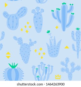 Cartoon cactuses seamless pattern. Mexican texture with different cute cacti and memphis. Blue colour floral print. Childish design, vector illustration on multicolored background.