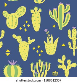 Cartoon cactuses seamless pattern. Mexican texture with different cute cacti and memphis. Blue and green color floral print. Childish design, vector illustration on multicolored background.