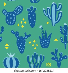 Cartoon cactuses seamless pattern. Mexican texture with different cute cacti and memphis. Blue and green color floral print. Childish design, vector illustration on multicolored background.