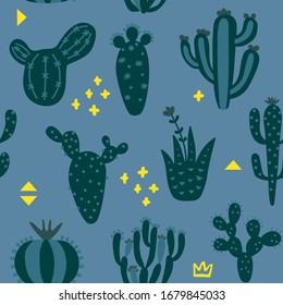 Cartoon cactuses seamless pattern. Mexican texture with different cute cacti and memphis. Blue and green color floral print. Childish design, vector illustration on multicolored background.