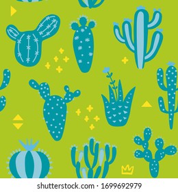 Cartoon cactuses seamless pattern. Mexican texture with different cute cacti and memphis. Blue and green color floral print. Childish design, vector illustration on multicolored background.