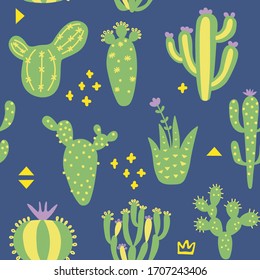 Cartoon cactuses seamless pattern. Mexican texture with different cute cacti and memphis. Blue and green color floral print. Childish design, vector illustration on multicolored background.