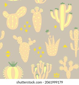 Los dibujos animados utilizan un patrón impecable. Textura mexicana con diferentes cactus y memphis bonitos. Impresión floral de color pastel. Diseño infantil, ilustración vectorial sobre fondo multicolor.
