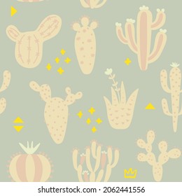 Cartoon cactuses seamless pattern. Mexican texture with different cute cacti and memphis. Pastel color floral print. Childish design, vector illustration on multicolored background.