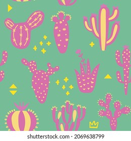 Los dibujos animados utilizan un patrón impecable. Textura mexicana con diferentes cactus y memphis bonitos. Impresión floral de color rosa. Diseño infantil, ilustración vectorial sobre fondo multicolor.