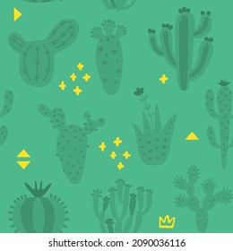 Cartoon cactuses seamless pattern. Mexican texture with different cute cacti and memphis. Green colour floral print. Childish design, vector illustration on multicolored background.