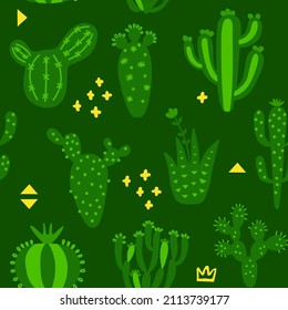 Cartoon cactuses seamless pattern. Mexican texture with different cute cacti and memphis. Green colour floral print. Childish design, vector illustration on multicolored background.