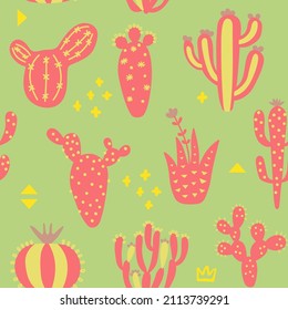 Cartoon cactuses seamless pattern. Mexican texture with different cute cacti and memphis. Pink colour floral print. Childish design, vector illustration on multicolored background.