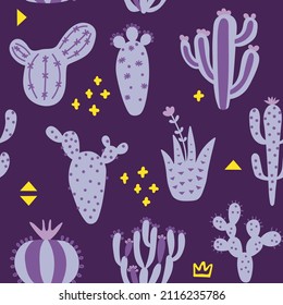 Cartoon cactuses seamless pattern. Mexican texture with different cute cacti and memphis. Purple color floral print. Childish design, vector illustration on multicolored background.