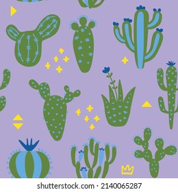 Cartoon cactuses seamless pattern. Mexican texture with different cute cacti and memphis. Purple and green color floral print. Childish design, vector illustration on multicolored background.