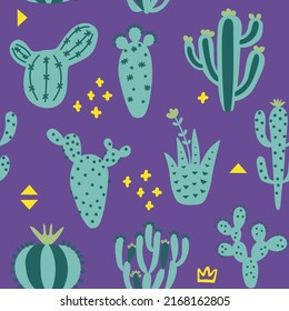 Cartoon cactuses seamless pattern. Mexican texture with different cute cacti and memphis. Purple and green color floral print. Childish design, vector illustration on multicolored background.