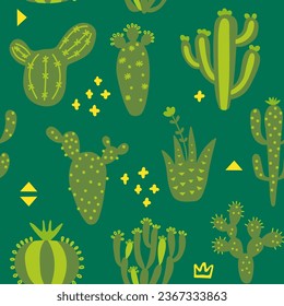 Los dibujos animados utilizan un patrón impecable. Textura mexicana con diferentes cactus y memphis bonitos. Impresión floral de color verde. Diseño infantil, ilustración vectorial sobre fondo multicolor.