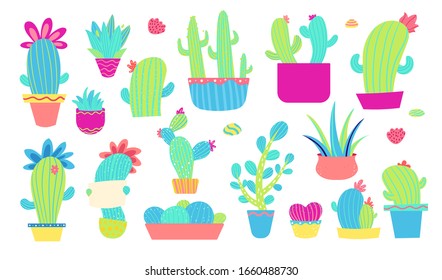 Cartoon cactuses set. Cute cacti vector illustration