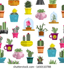 Cartoon cactuses and succulents seamless pattern on white background, vector illustration. Different cacti and succulents with thorns, flowers, leaves and pots backdrop.