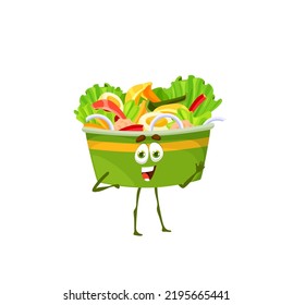 Cartoon caesar salad box character. Fresh food, healthy lunch meal isolated vector personage. Delicious vegetable takeaway dish with lettuce and cheese, appetizer with cute smiling face