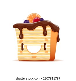 Cartoon cake character, cute sweet food or pastry dessert vector personage with happy smiling face. Kawaii piece of layer cake with vanilla cream, chocolate glaze and berries, funny pastry emoji