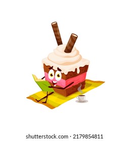 Cartoon cake character reading book. Funny vector bakery or confectionery relax on mat with coffee cup. Sweet dessert food happy personage, isolated cute cake reading on beach resort