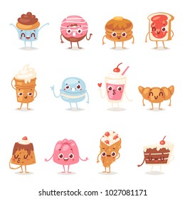 Cartoon cake character vector chocolate sweets confectionery cupcake emotion and sweet confection dessert with caked candies illustration confected donut in bakery set isolated on white background