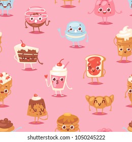 Cartoon cake character vector chocolate sweets confectionery cupcake emotion and sweet confection dessert with caked candies illustration confected donut in bakery seamless pattern background