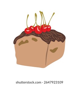 Cartoon cake with chocolate icing drip and cherry toppings isolated on a transparent background. Great for illustrating dessert menus and celebratory themes.