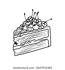 Cartoon cake with chocolate icing drip and cherry toppings isolated on a transparent background. Great for illustrating dessert menus and celebratory themes.